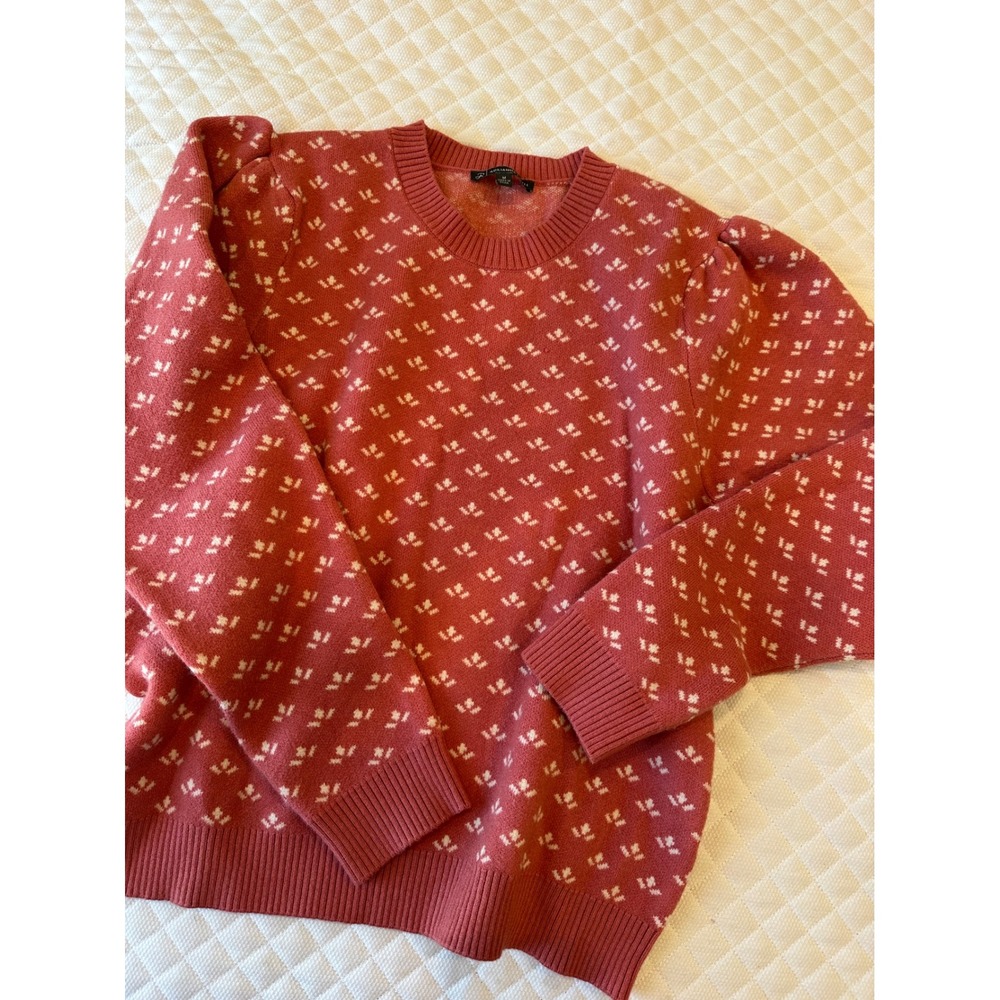 Adrianna Papell Womens Medium Coral Pink Floral Puff Sleeve Sweater